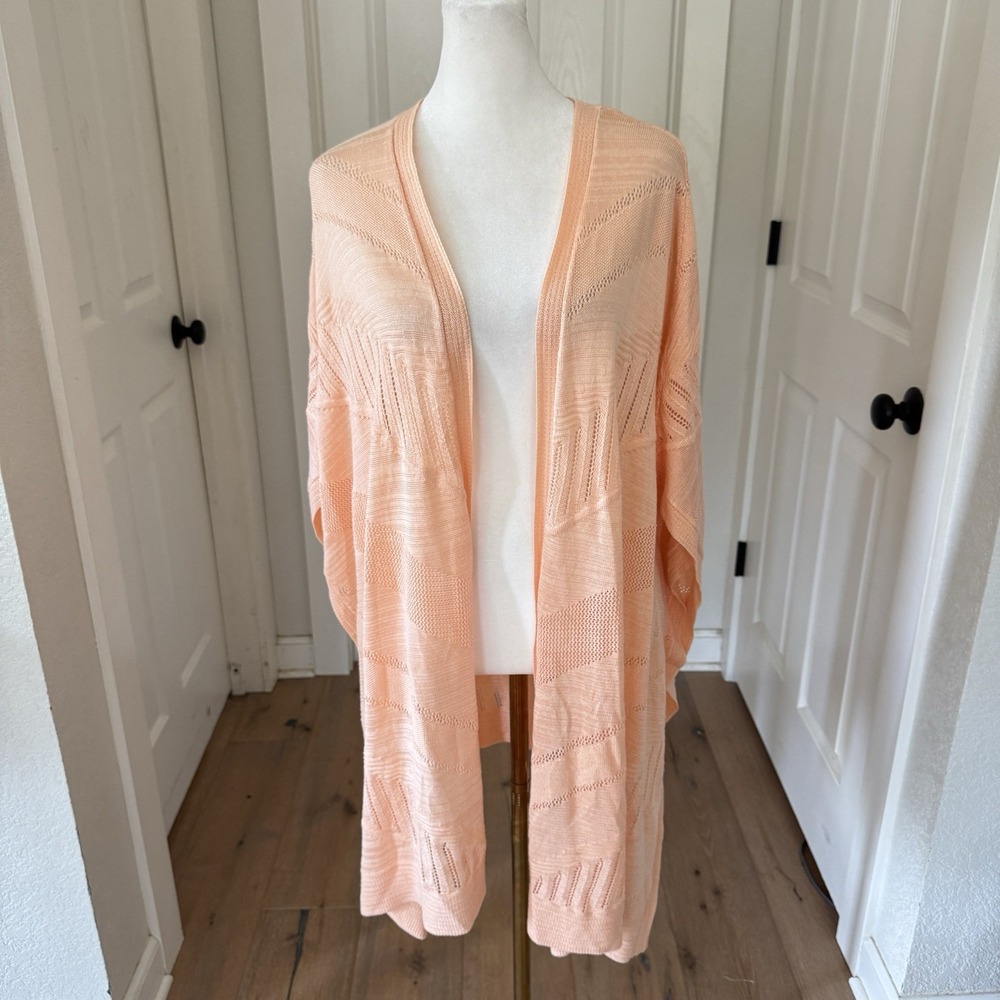 Chico's Open Front Kimono Knit Long Cardigan Size L/XL Peach Orange Soft Casual